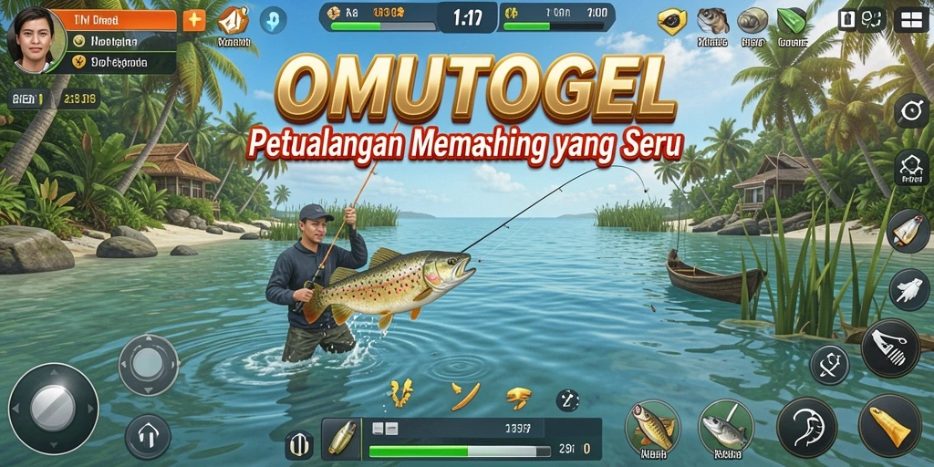 Screenshot gameplay OMUTOGEL menunjukkan aktivitas memancing yang mendebarkan.