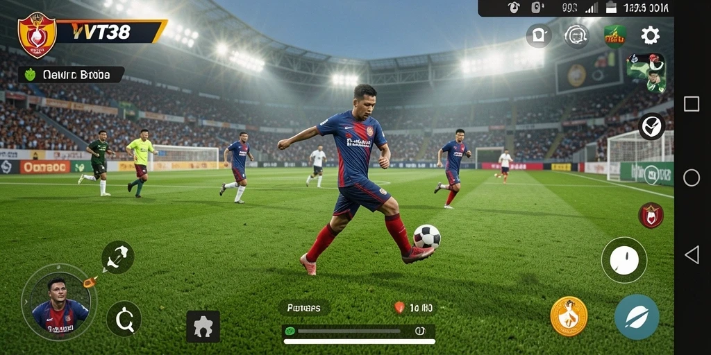 Gameplay VT38 yang menarik dengan aksi sepak bola yang seru.